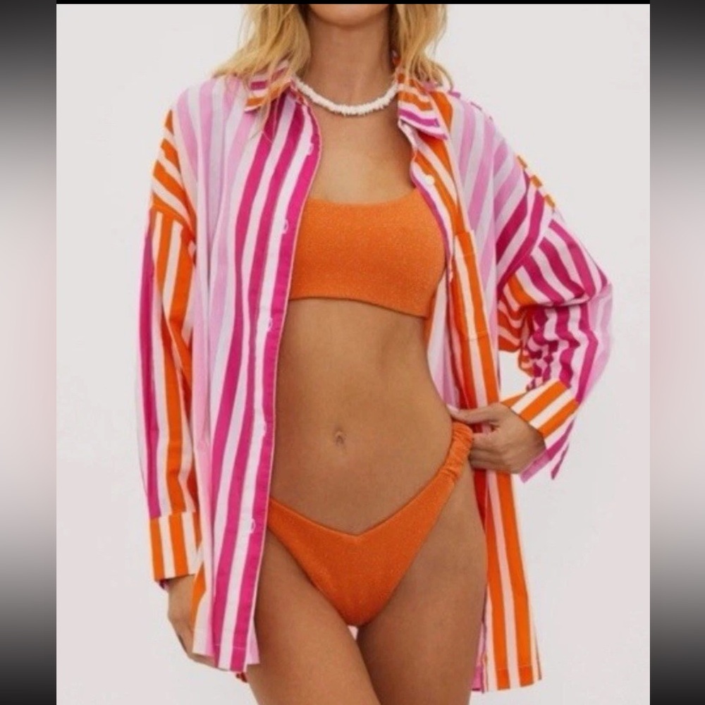 Beach Riot Orange Pink Sunset Striped Cotton Alexa Lightweight Button Down Top L
